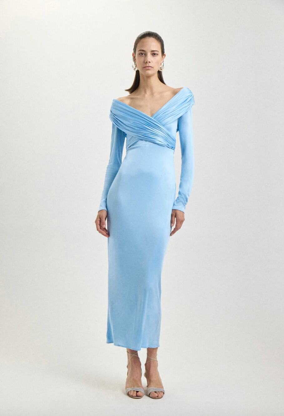 Alejandra Alonso Rojas | NWT Long Sleeve Draped Jersey Dress in Sky Blue 4